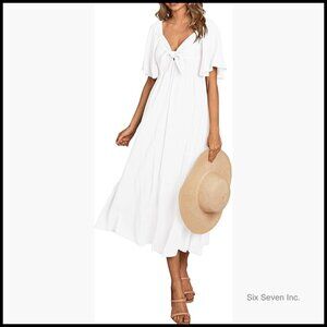 Polyester Summer Midi Dress with V-Neck and Bow Tie Front